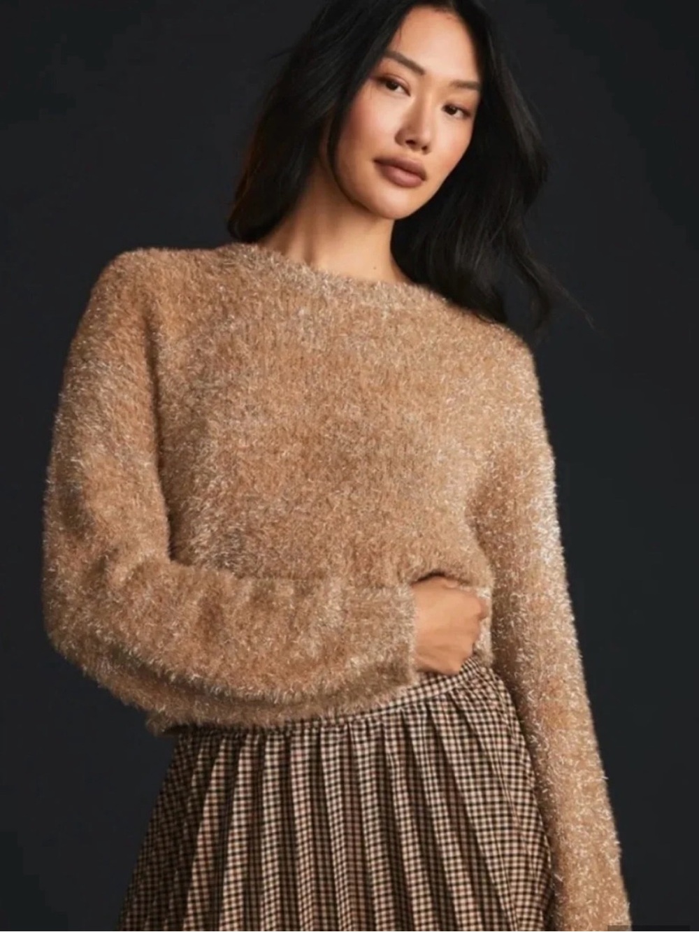 Maeve by Anthropologie Eyelash Shimmer Cropped Sweater Tan Metallic Party M